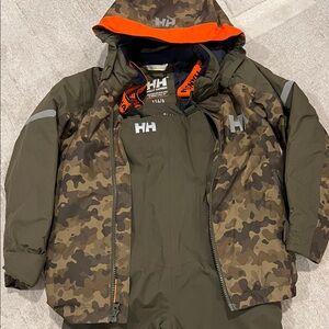 Helly Hansen Kids Set: Camouflage Puffer Jacket and Ski Bib pants